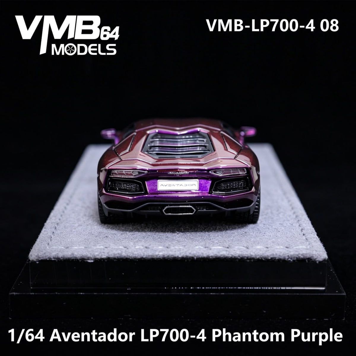 VMB Lamborghini Aventador LP700-4 Iridescent Purple 1:64 diecast model, straight-on rear view on grey suede display base