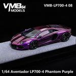 VMB Lamborghini Aventador LP700-4 Iridescent Purple 1:64 diecast model, front three-quarter on grey suede display base