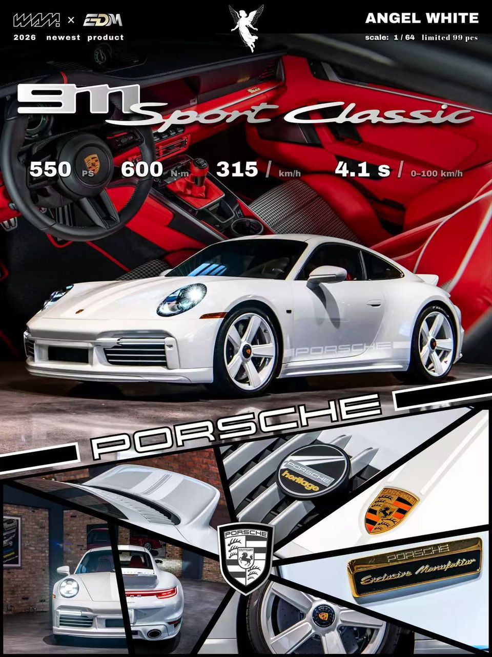 (Pre-Order) WAM x EDM 1:64 Porsche 992 Sport Classic - Angel White