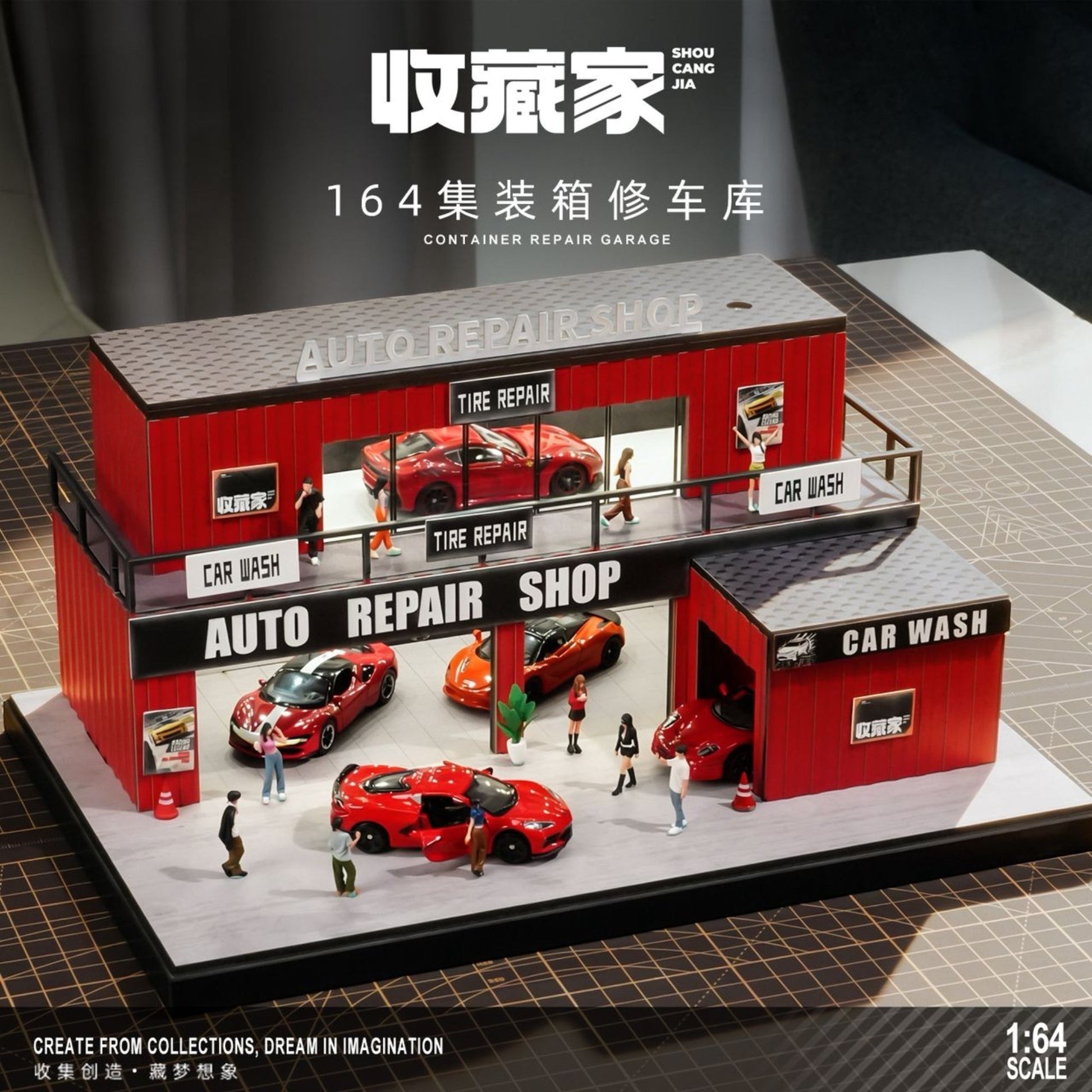 Lot57Supplies Diecast Shop 1:64 scale red container repair garage with LED lighting and miniature cars.