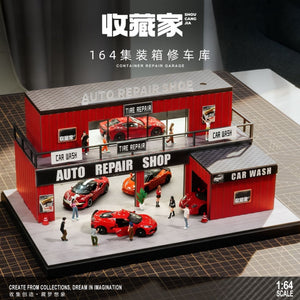 Lot57Supplies Diecast Shop 1:64 scale red container repair garage with LED lighting and miniature cars.