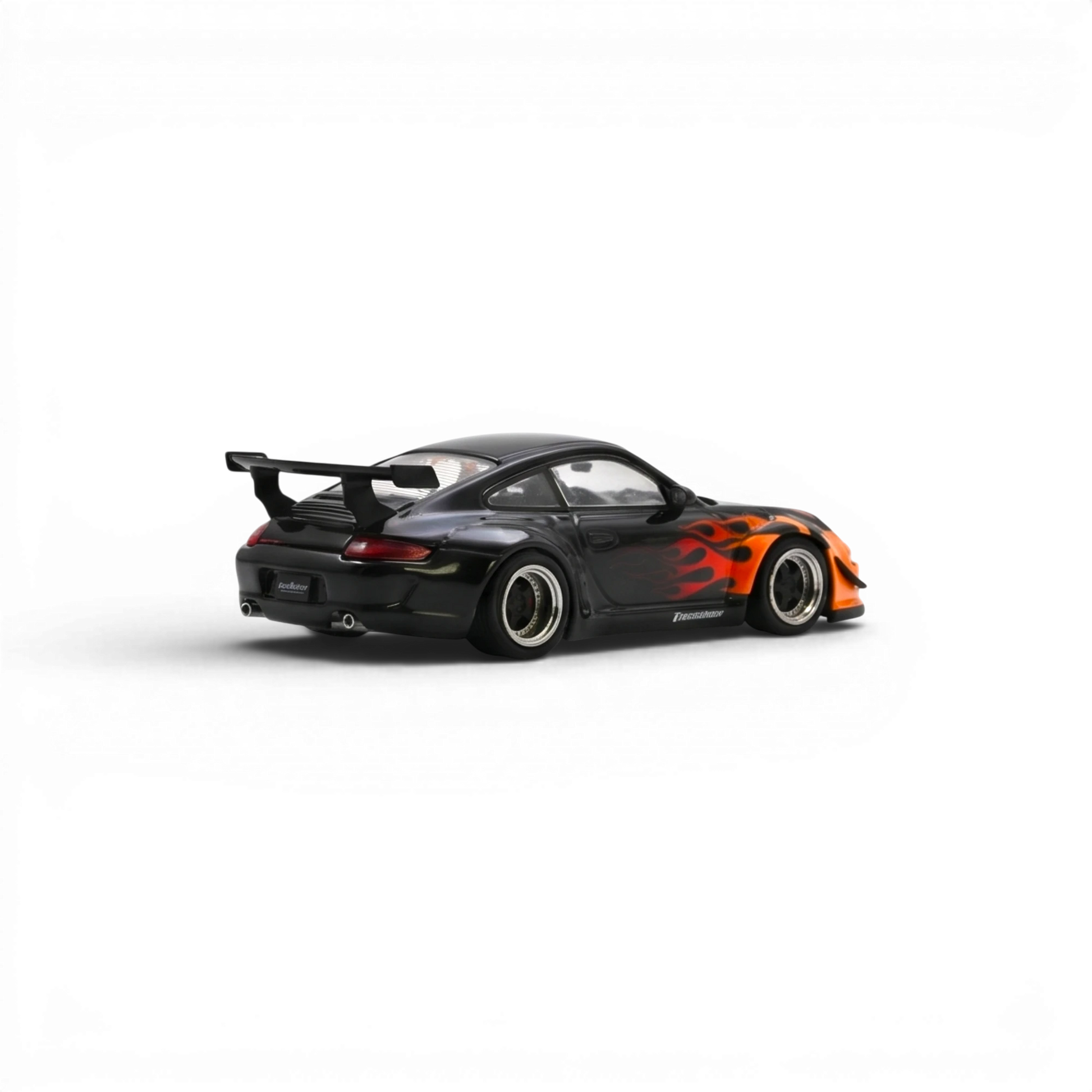 Lot57Supplies Diecast Shop 1:64 scale black Porsche 997 with orange burning flame livery and widebody kit.