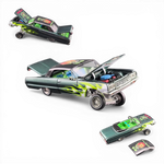 Lot57Supplies Diecast Shop 1:64 scale emerald green 1964 Chevrolet Impala lowrider with flame graphics, opening hood and trunk.