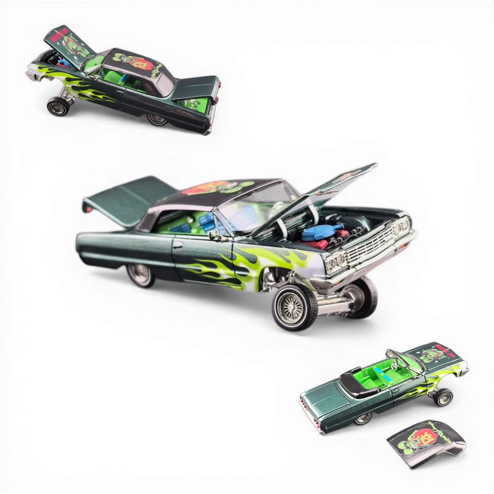 Lot57Supplies Diecast Shop 1:64 scale emerald green 1964 Chevrolet Impala lowrider with flame graphics, opening hood and trunk.