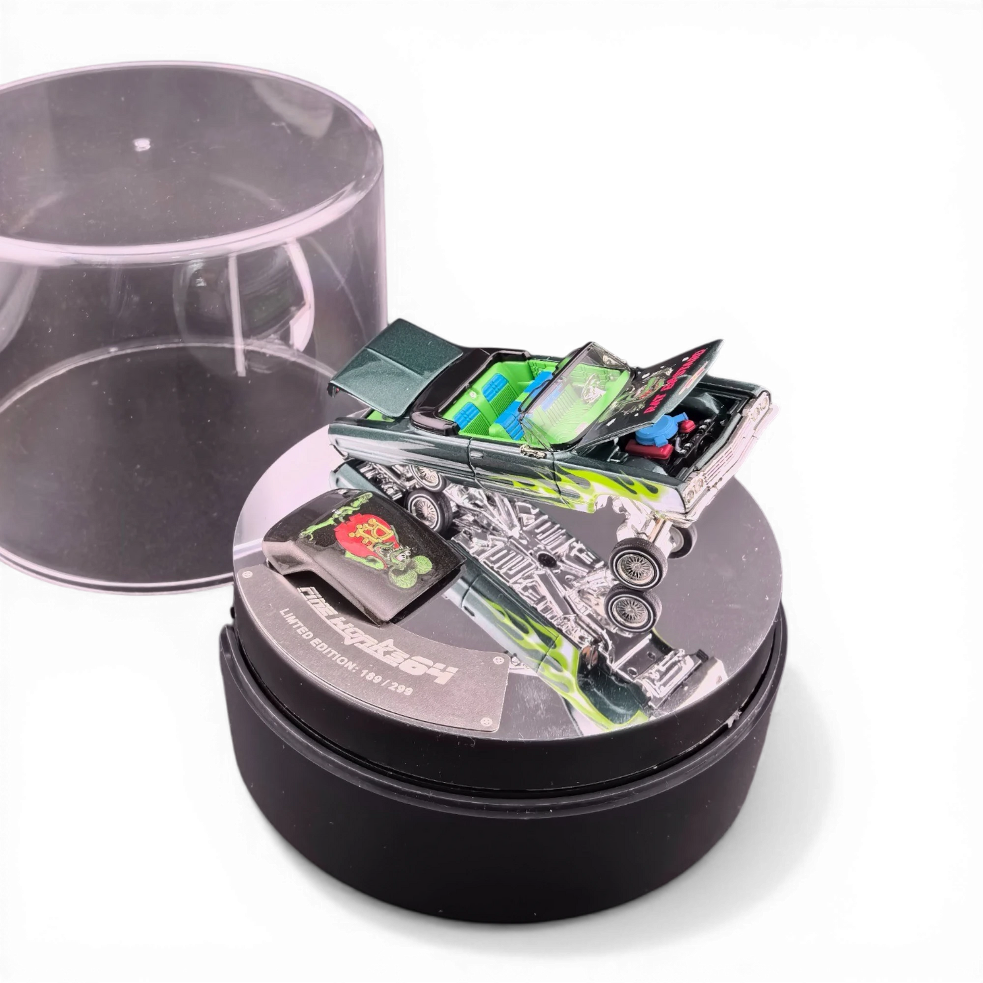 Lot57Supplies Diecast Shop 1:64 emerald green 1964 Chevrolet Impala West Coast Bouncing Car with opening parts and detailed engine.