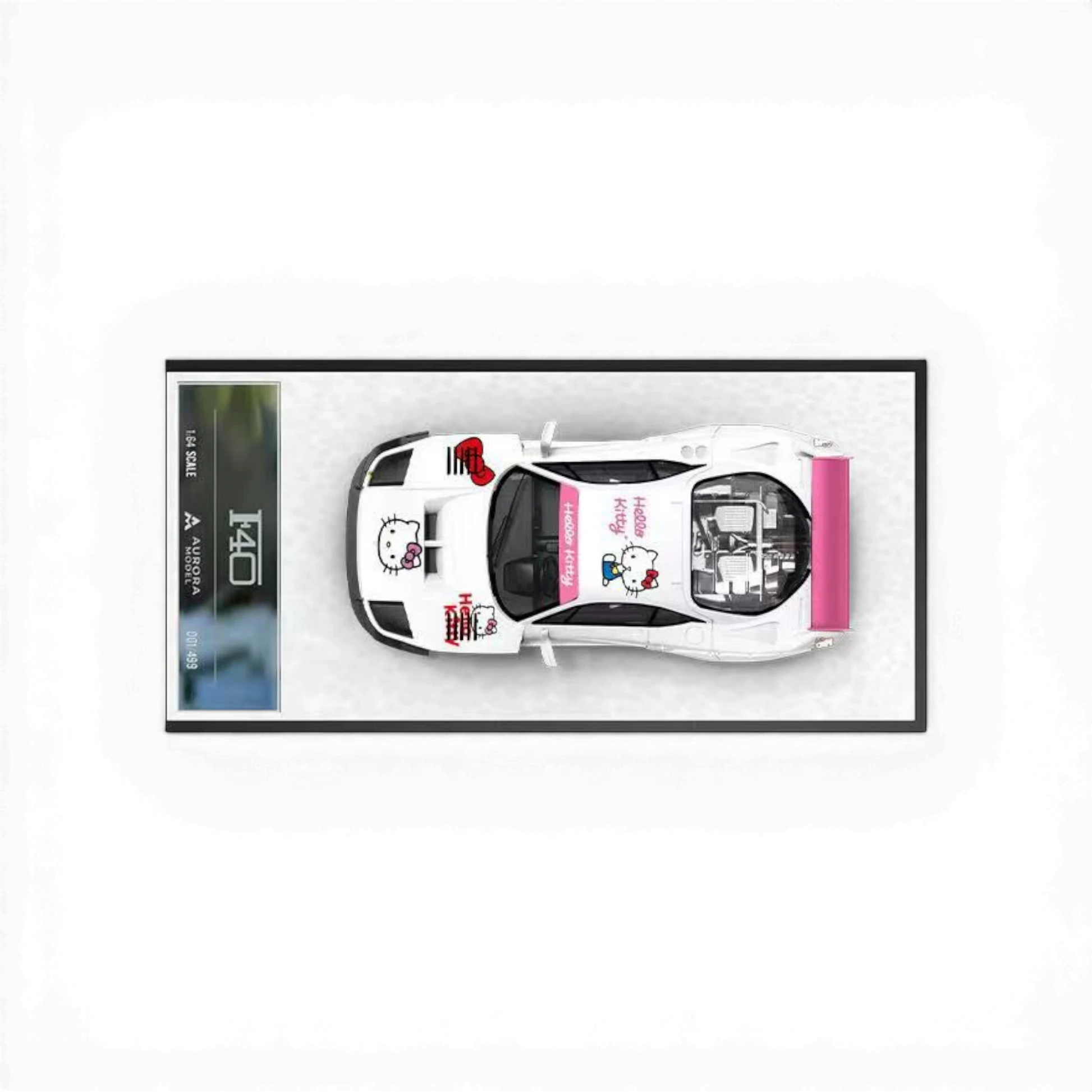 Lot57Supplies Diecast Shop AM Aurora Ferrari F40 1:64 scale model with Hello Kitty livery, white diecast with pink accents.