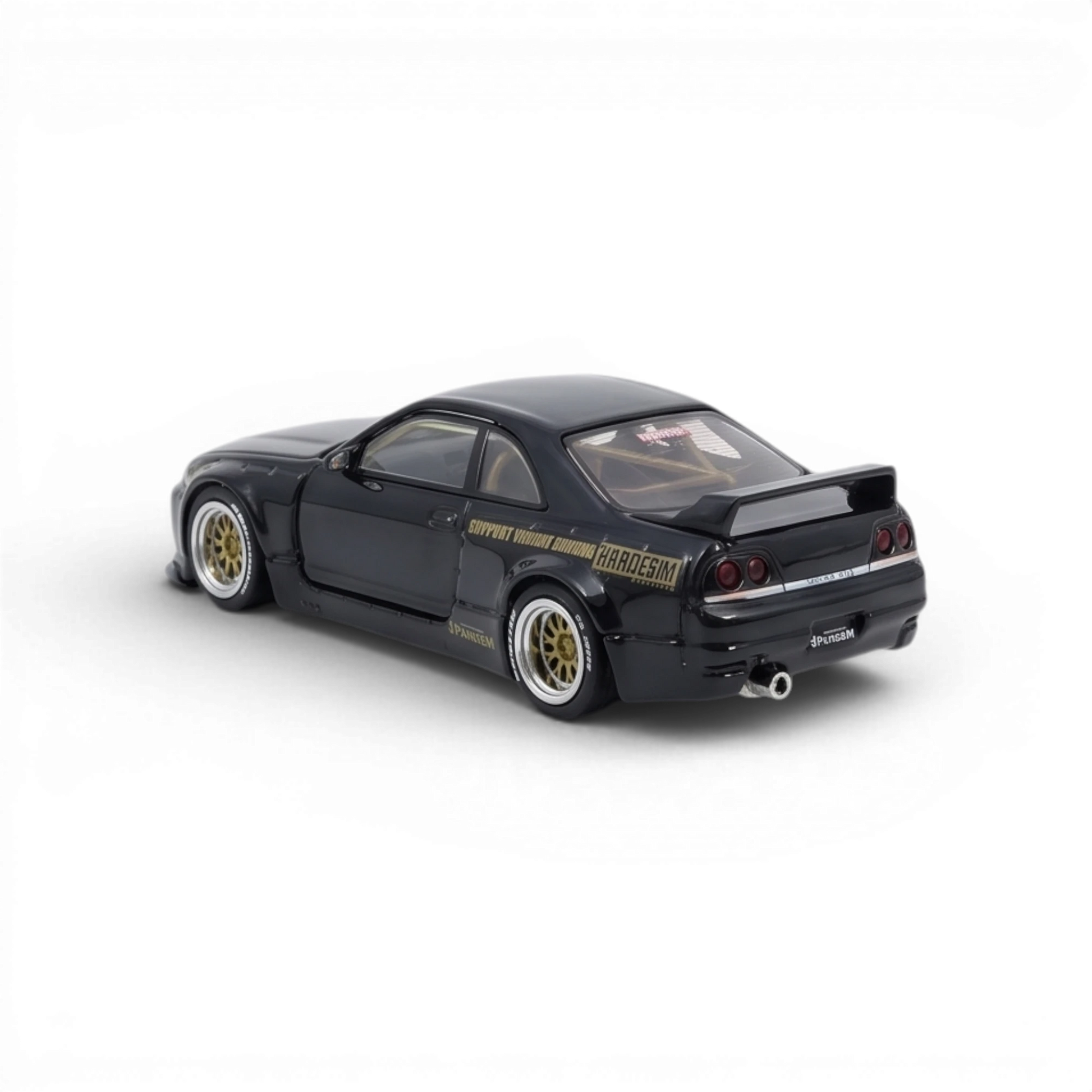 Lot57Supplies Diecast Shop: Black 1:64 scale diecast model of a Pandem GT-R (BCNR33) with wide body kit and gold rims.