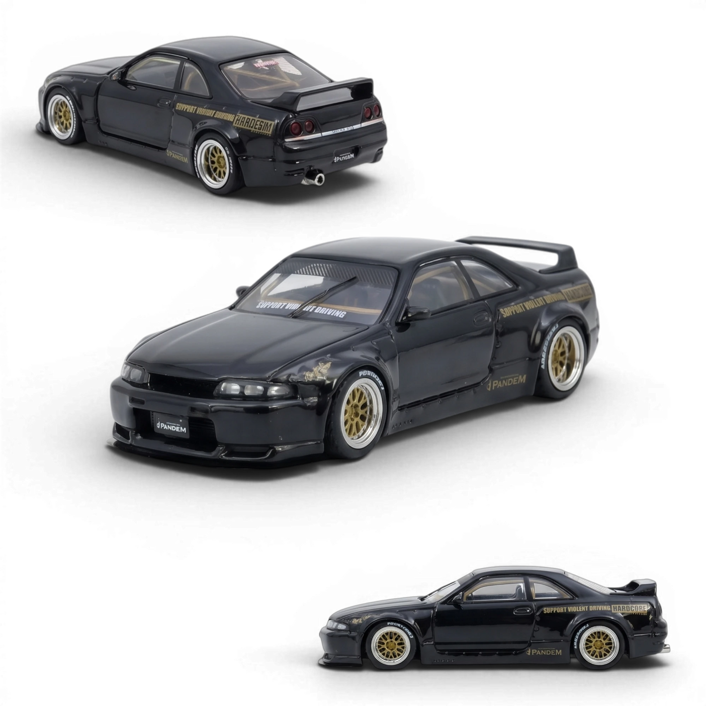 Lot57Supplies Diecast Shop black 1:64 scale Inno64 Pandem GT-R (BCNR33) diecast model with wide body kit and gold rims.
