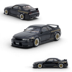 Lot57Supplies Diecast Shop black 1:64 scale Inno64 Pandem GT-R (BCNR33) diecast model with wide body kit and gold rims.