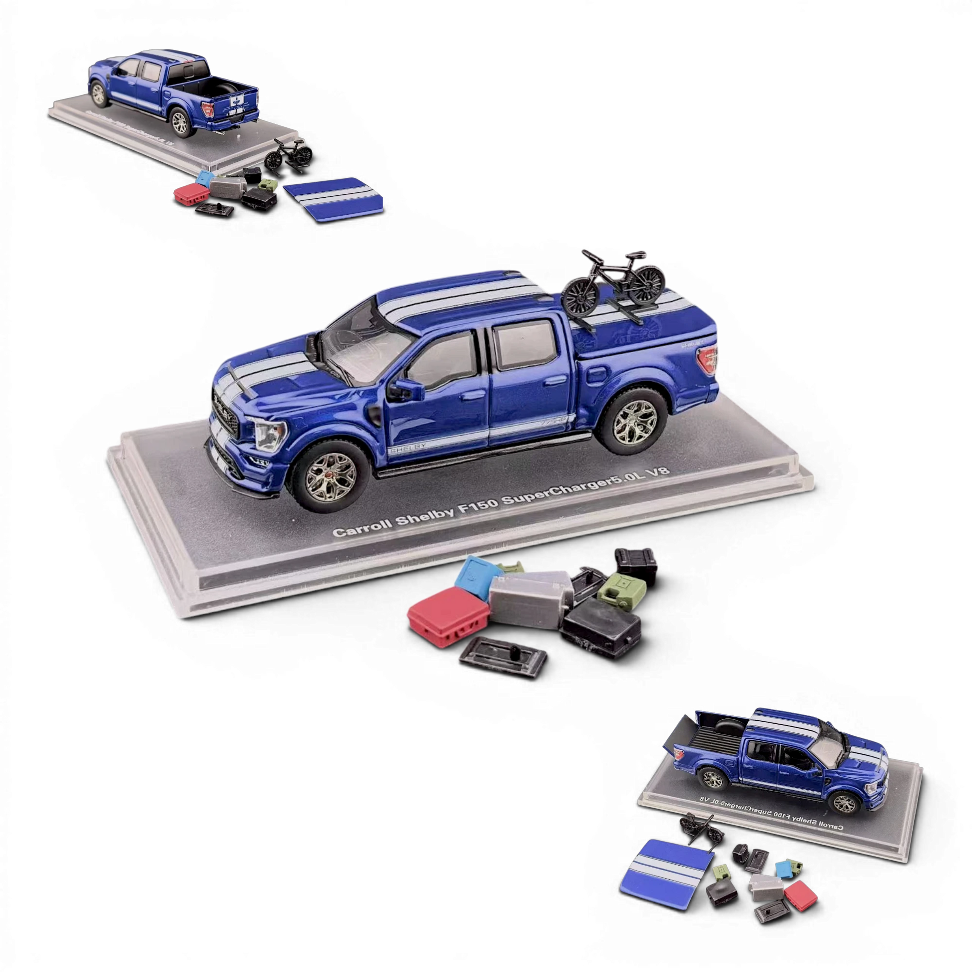 Lot57Supplies Diecast Shop blue 1:64 scale Ford Shelby F-150 pickup truck with white racing stripes and a bicycle on the bed cover.