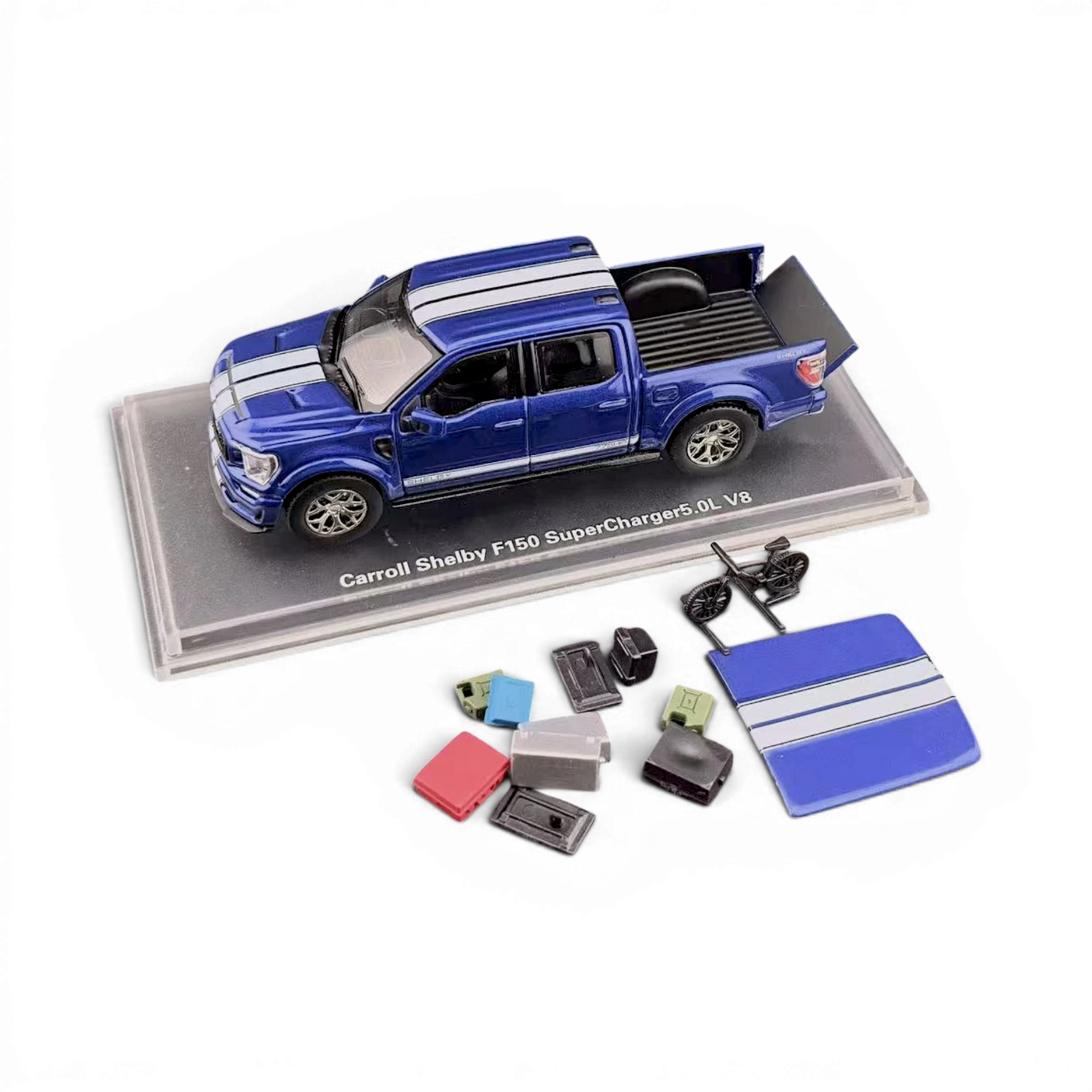 Lot57Supplies Diecast Shop 1:64 blue Ford Shelby F-150 pickup truck with white racing stripes, diecast model.