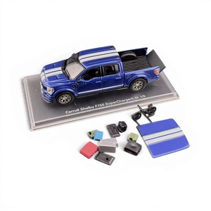 Lot57Supplies Diecast Shop 1:64 blue Ford Shelby F-150 pickup truck with white racing stripes, diecast model.