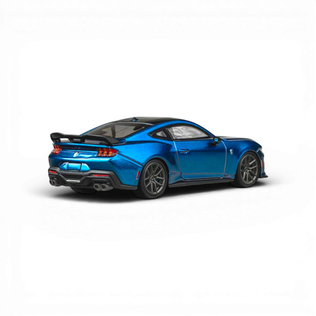 Lot57Supplies Diecast Shop 1:64 scale blue metallic Ford Mustang Dark Horse model car with black spoiler and wheels.