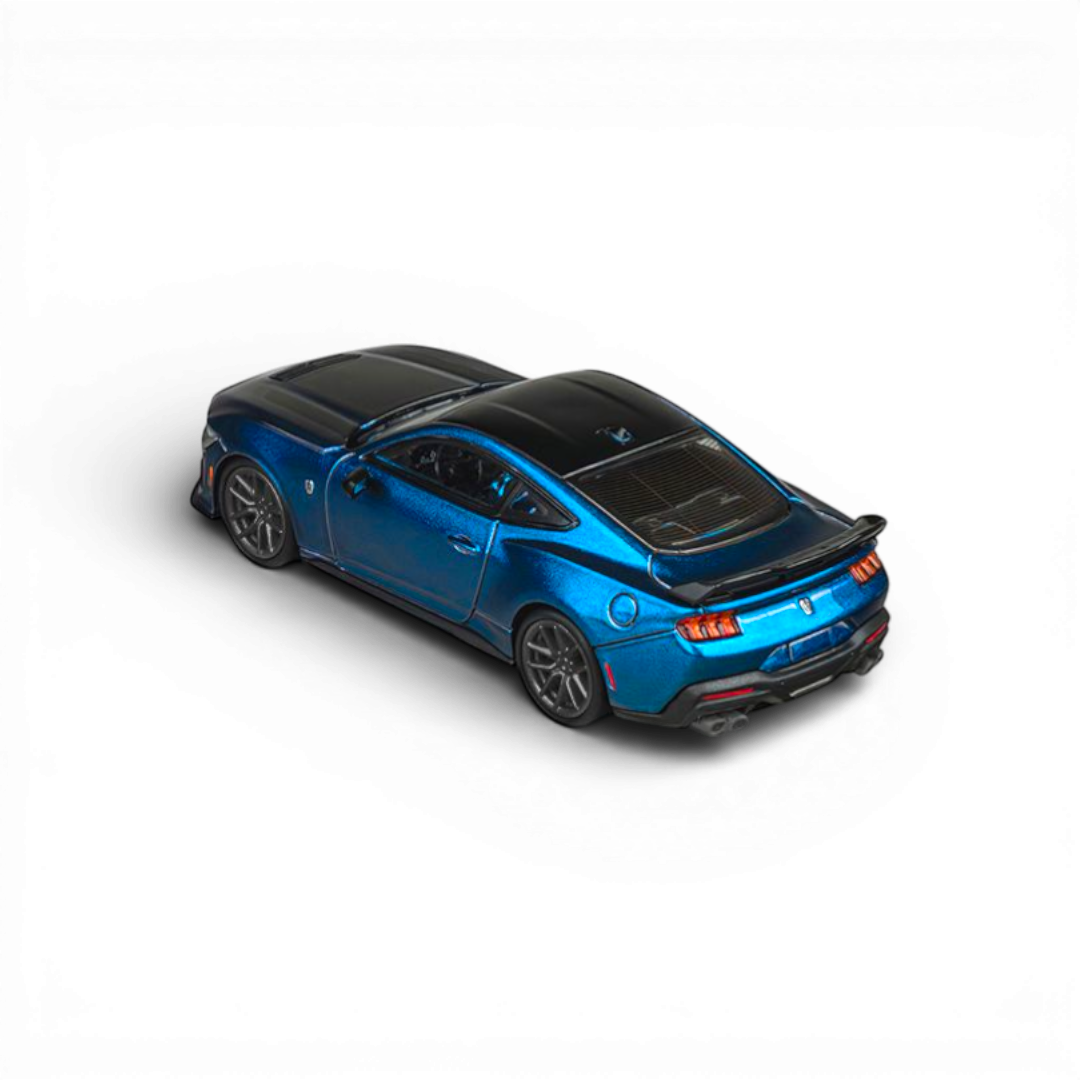 Lot57Supplies Diecast Shop 1:64 scale blue metallic Ford Mustang Dark Horse model car with black roof and spoiler.