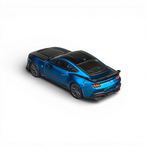 Lot57Supplies Diecast Shop 1:64 scale blue metallic Ford Mustang Dark Horse model car with black roof and spoiler.