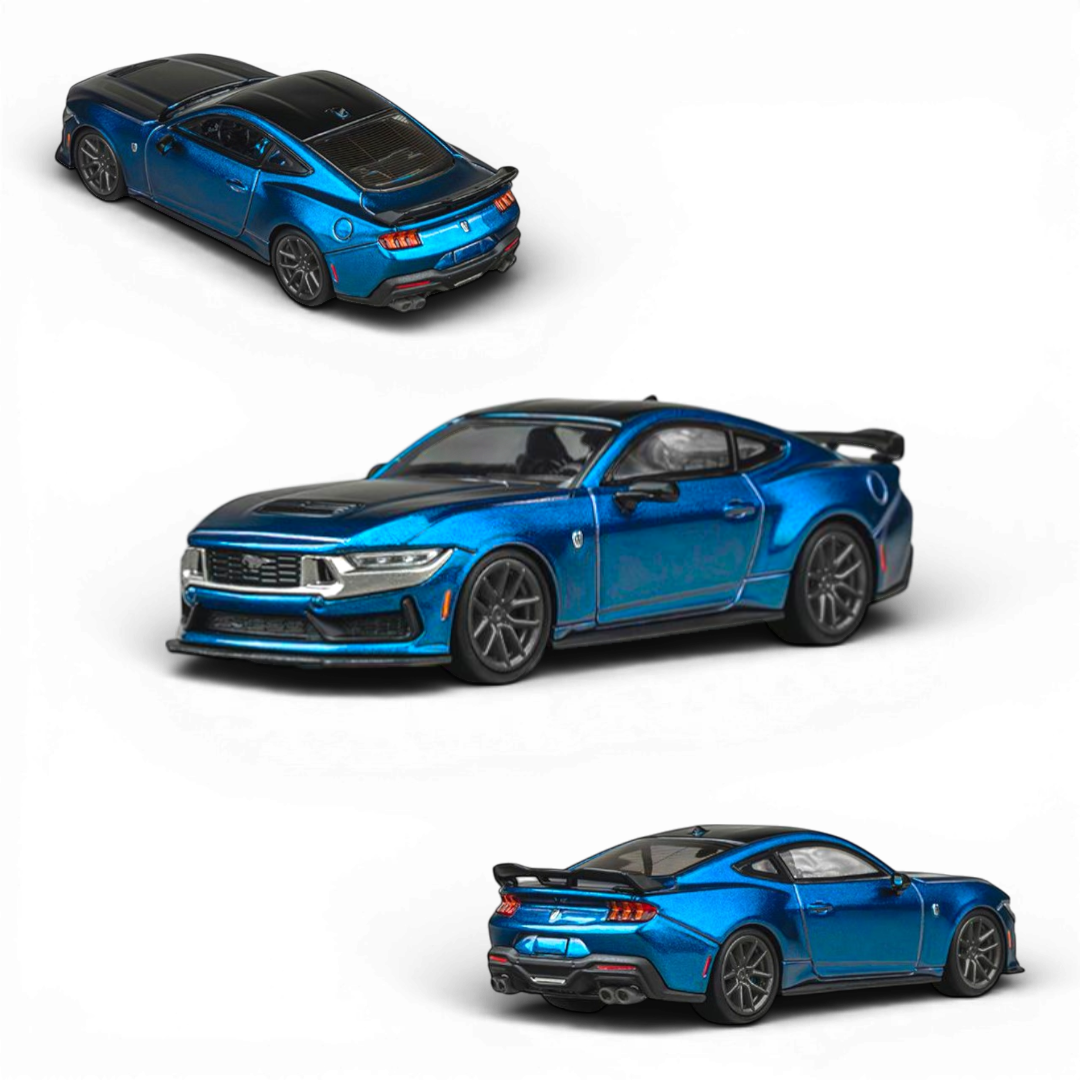 Lot57Supplies Diecast Shop 1:64 scale blue metallic Ford Mustang Dark Horse diecast model car with black accents and spoiler.