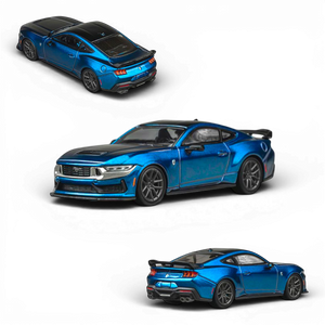 Lot57Supplies Diecast Shop 1:64 scale blue metallic Ford Mustang Dark Horse diecast model car with black accents and spoiler.