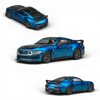 Lot57Supplies Diecast Shop 1:64 scale blue metallic Ford Mustang Dark Horse diecast model car with black accents and spoiler.