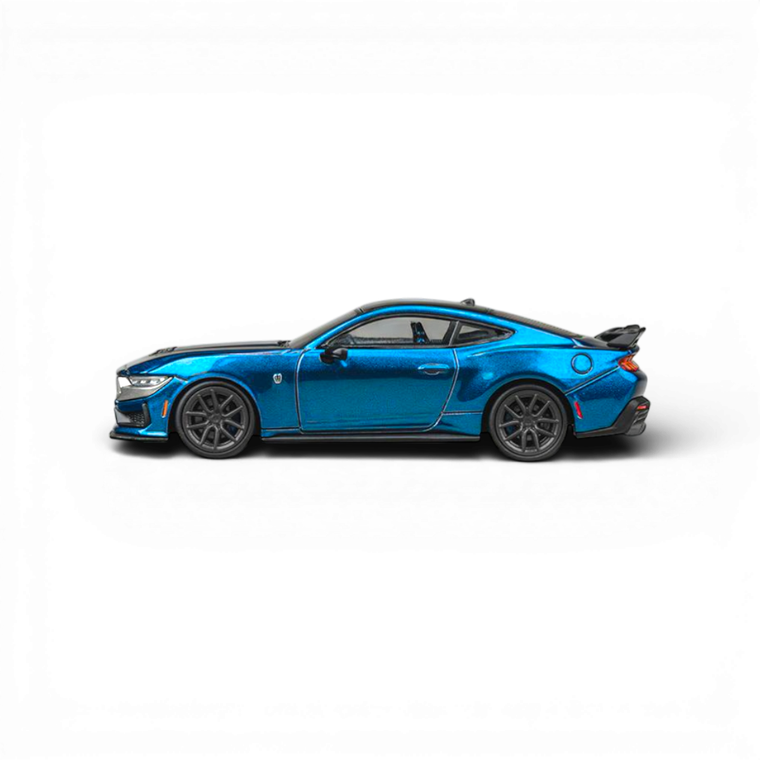 Lot57Supplies Diecast Shop 1:64 scale blue metallic Ford Mustang Dark Horse model car with black accents and spoiler.