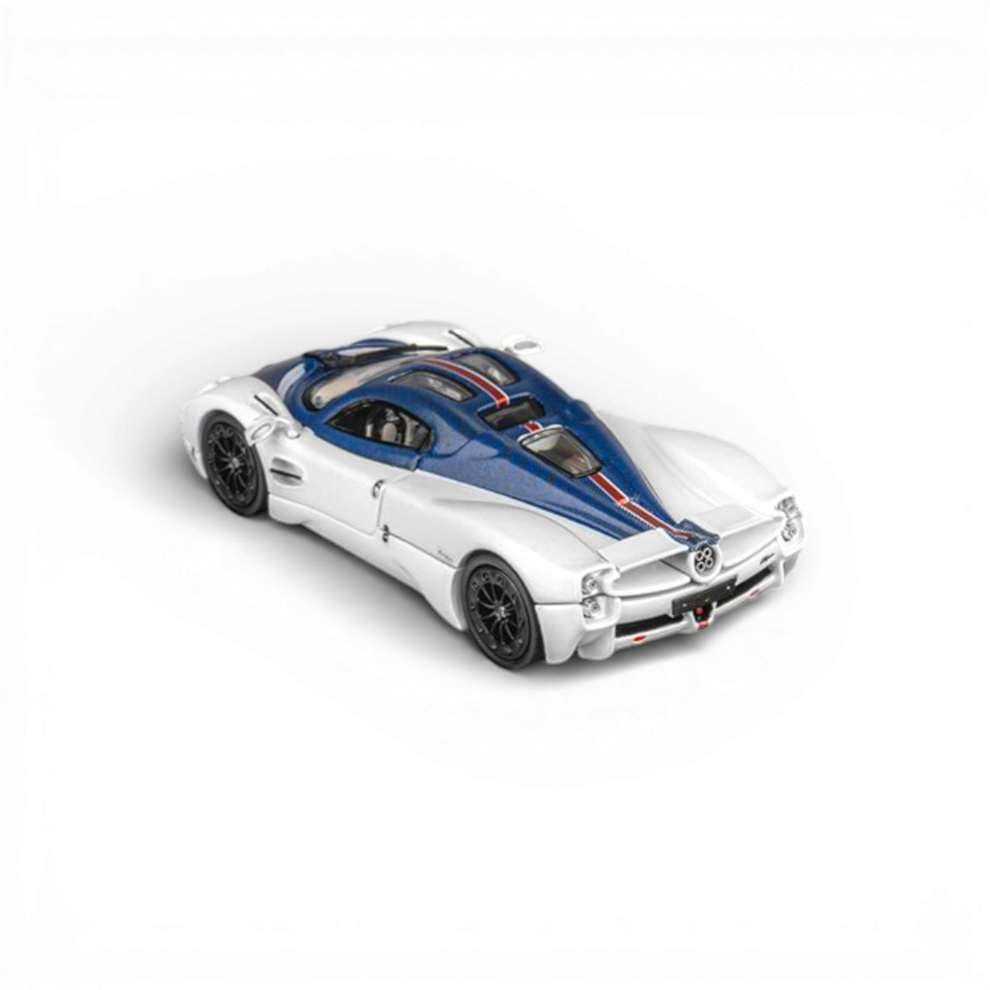Lot57Supplies Diecast Shop 1:64 scale white Pagani Utopia model with blue carbon fiber roof and red stripe detail.