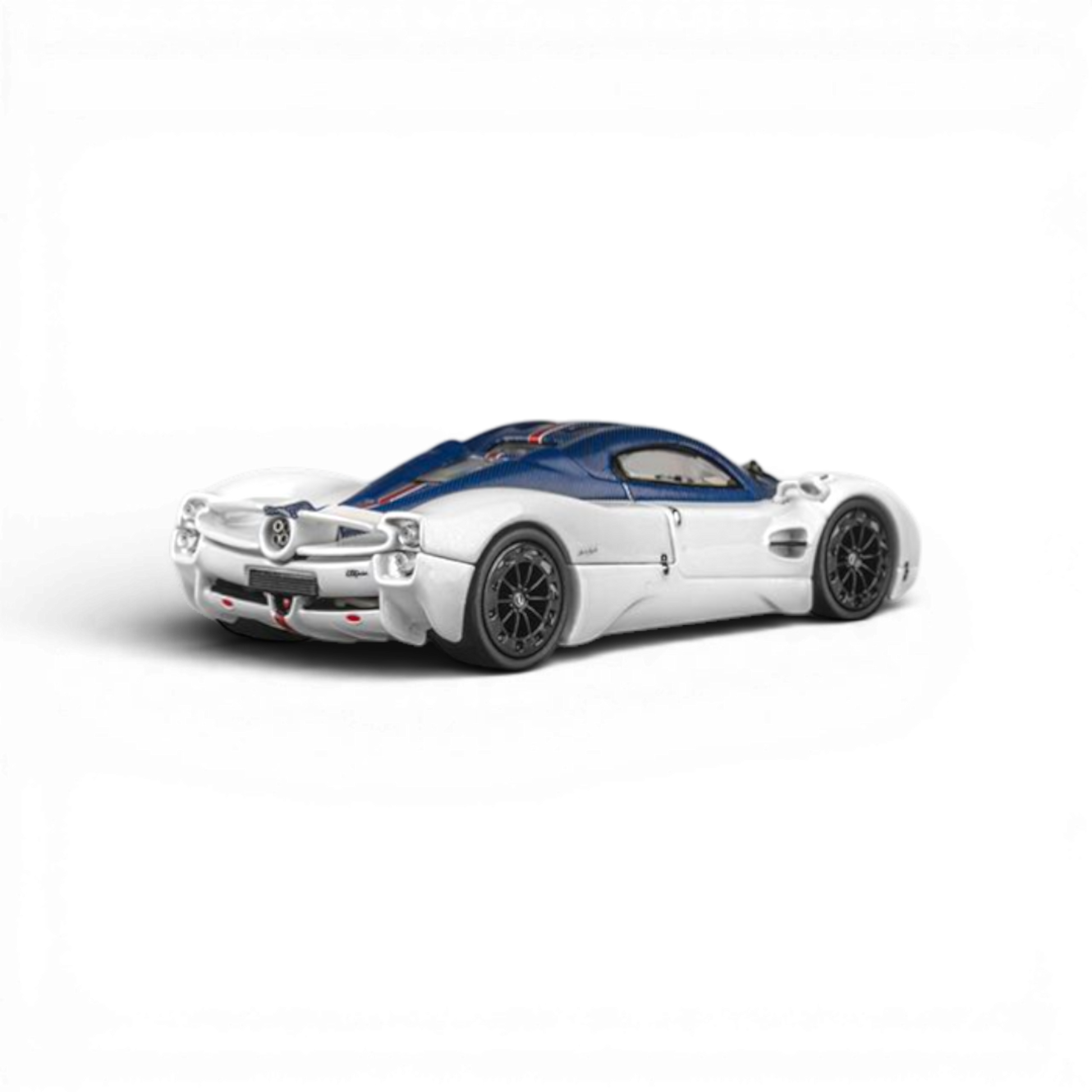 Lot57Supplies Diecast Shop 1:64 scale CM Model Pagani Utopia in Bianco Benny white with blue carbon fiber roof and red stripe.