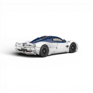Lot57Supplies Diecast Shop 1:64 scale CM Model Pagani Utopia in Bianco Benny white with blue carbon fiber roof and red stripe.