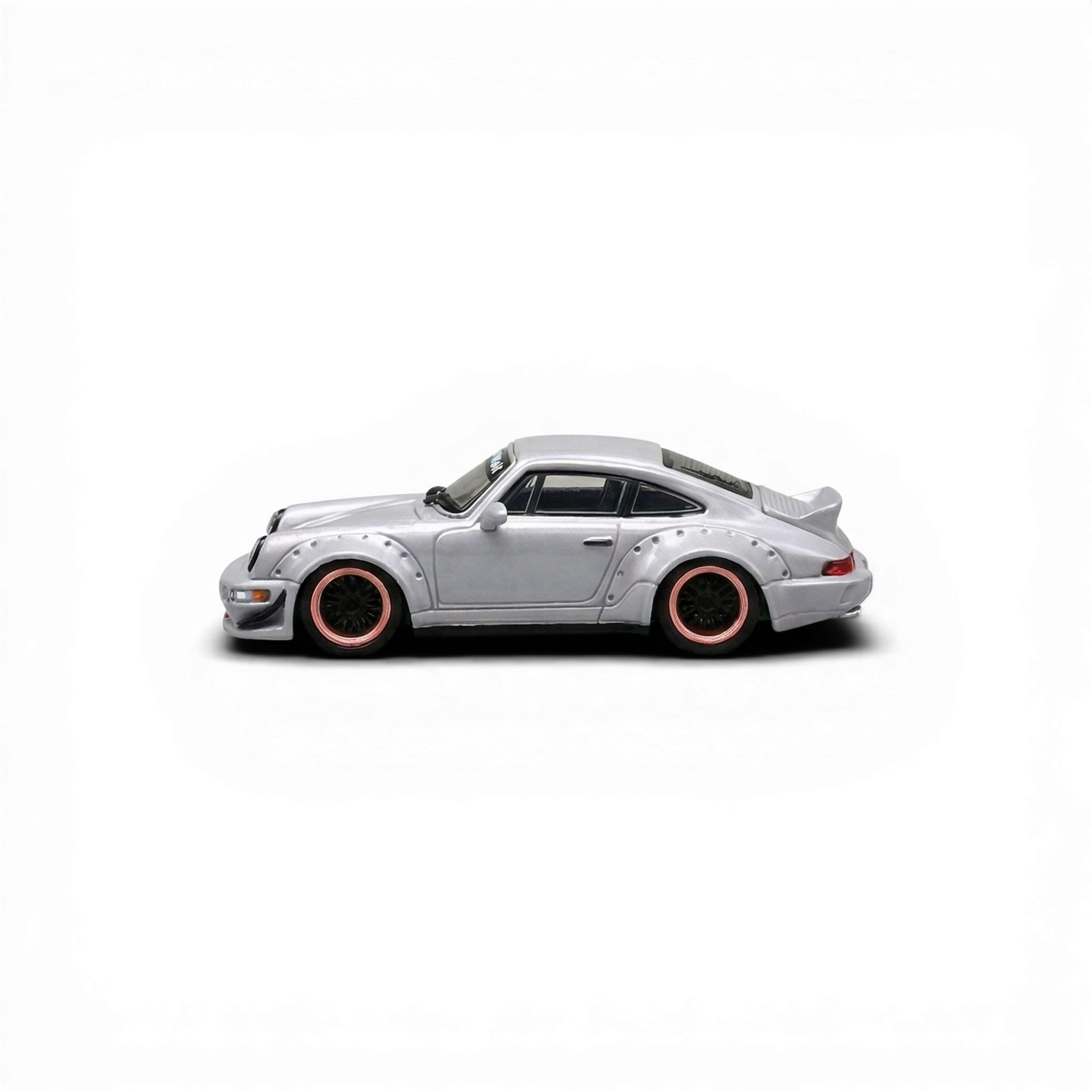 Lot57Supplies Diecast Shop: CM Model Porsche 964 widebody diecast model car, 1:64 scale, gray with rose gold rims and snap-on wheels.
