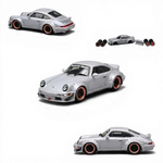 Lot57Supplies Diecast Shop CM Model Porsche 964 widebody diecast model car in gray with RAUH-Welt decal and copper rims.
