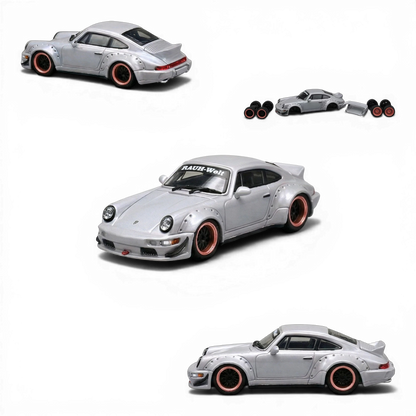Lot57Supplies Diecast Shop CM Model Porsche 964 widebody diecast model car in gray with RAUH-Welt decal and copper rims.