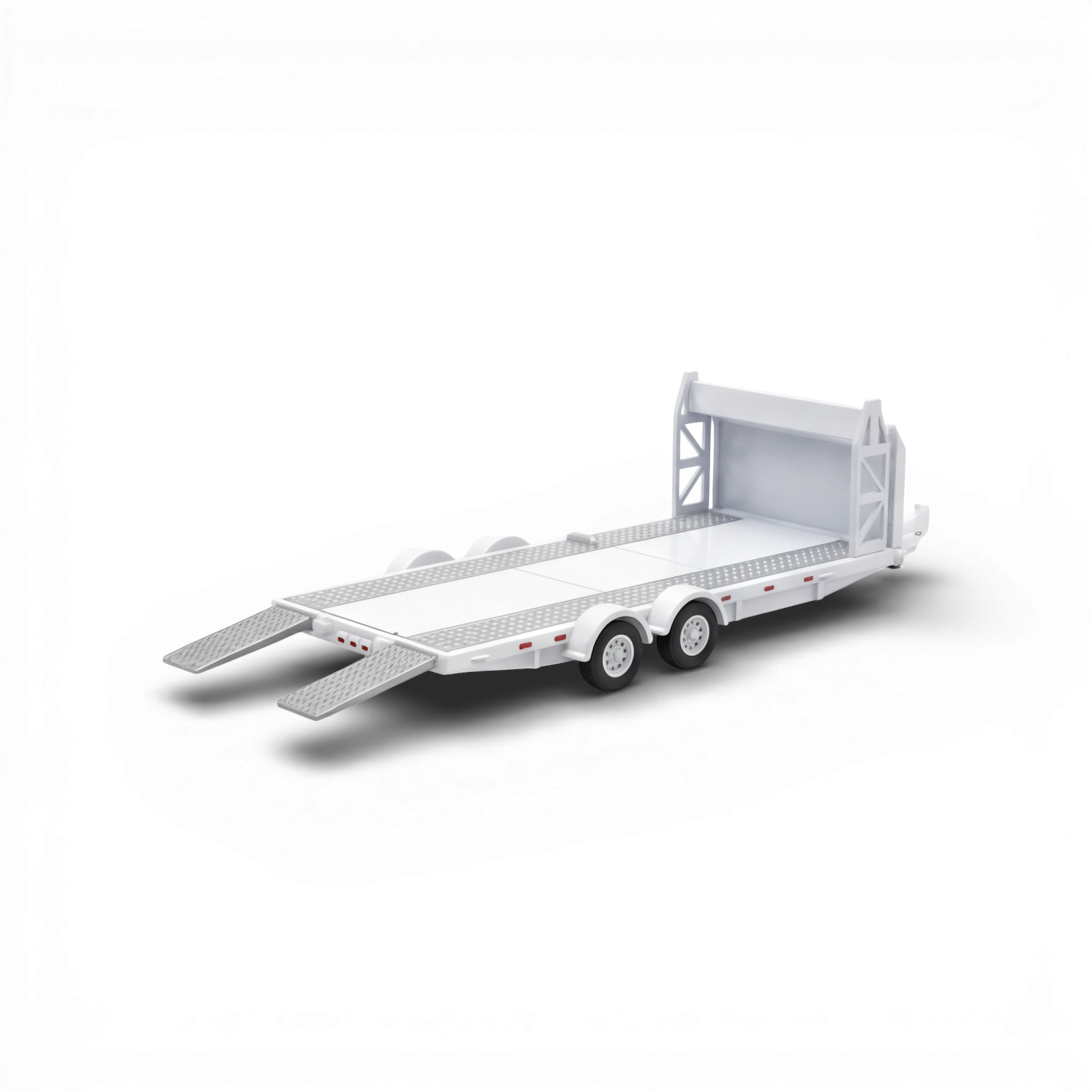 Lot57Supplies Diecast Shop white 1:64 scale Aurora Model car towing trailer with ramps and dual wheels.