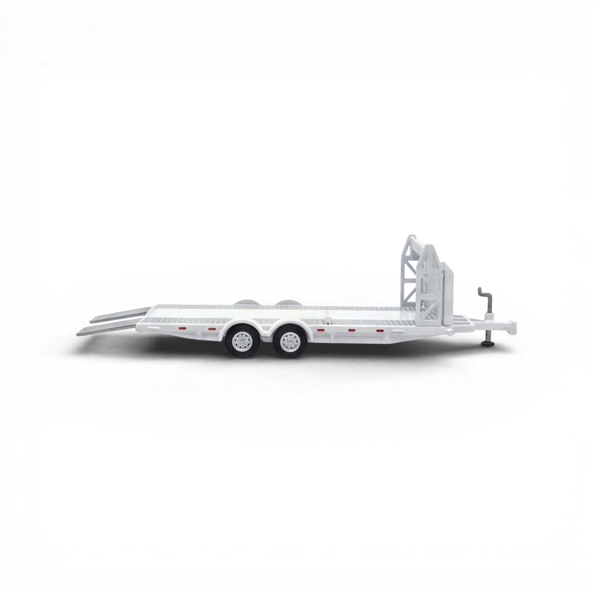 Lot57Supplies Diecast Shop white 1:64 scale Aurora Model car towing trailer with ramps and dual wheels.
