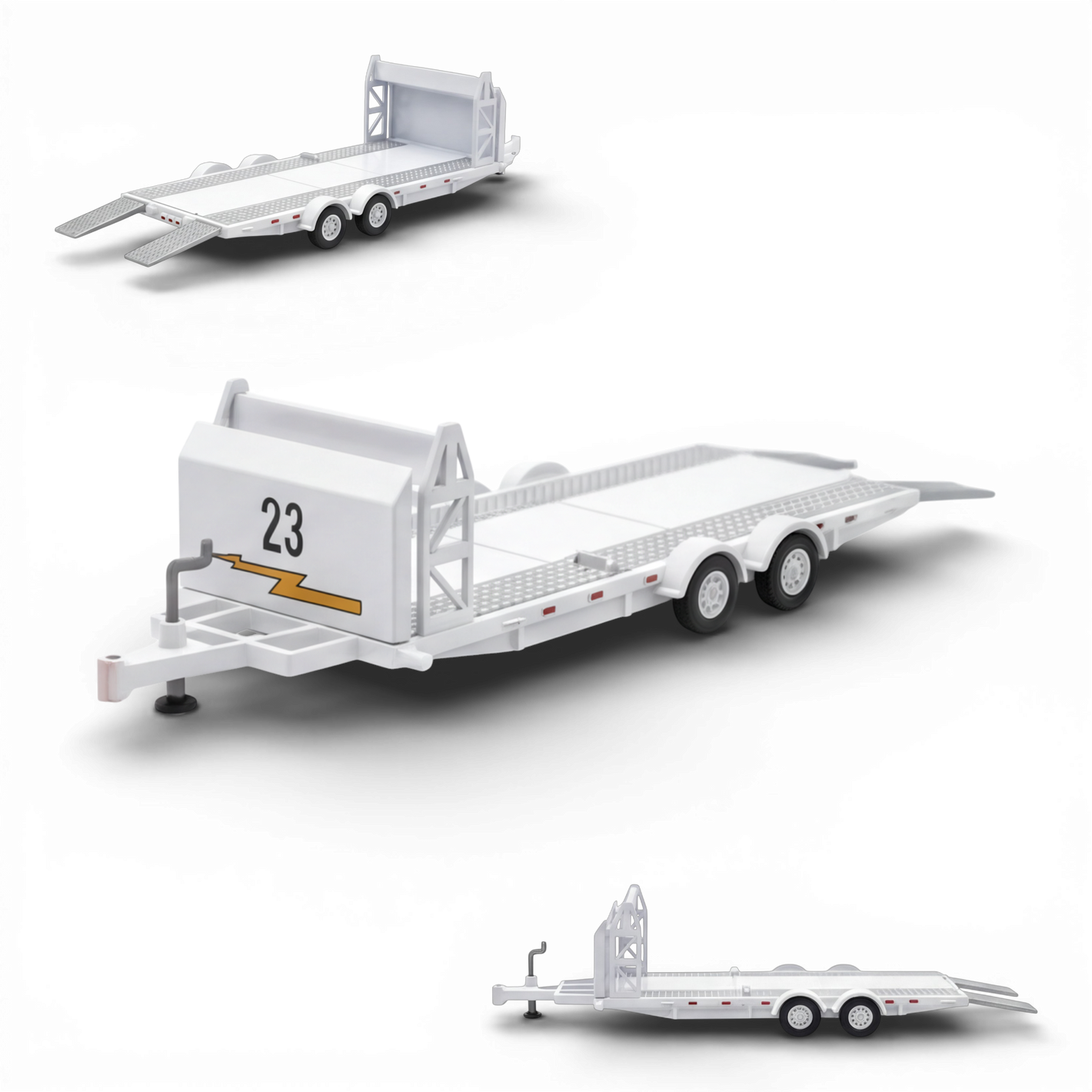 Lot57Supplies Diecast Shop white 1:64 scale diecast car towing trailer with number 23 and lightning bolt detail.