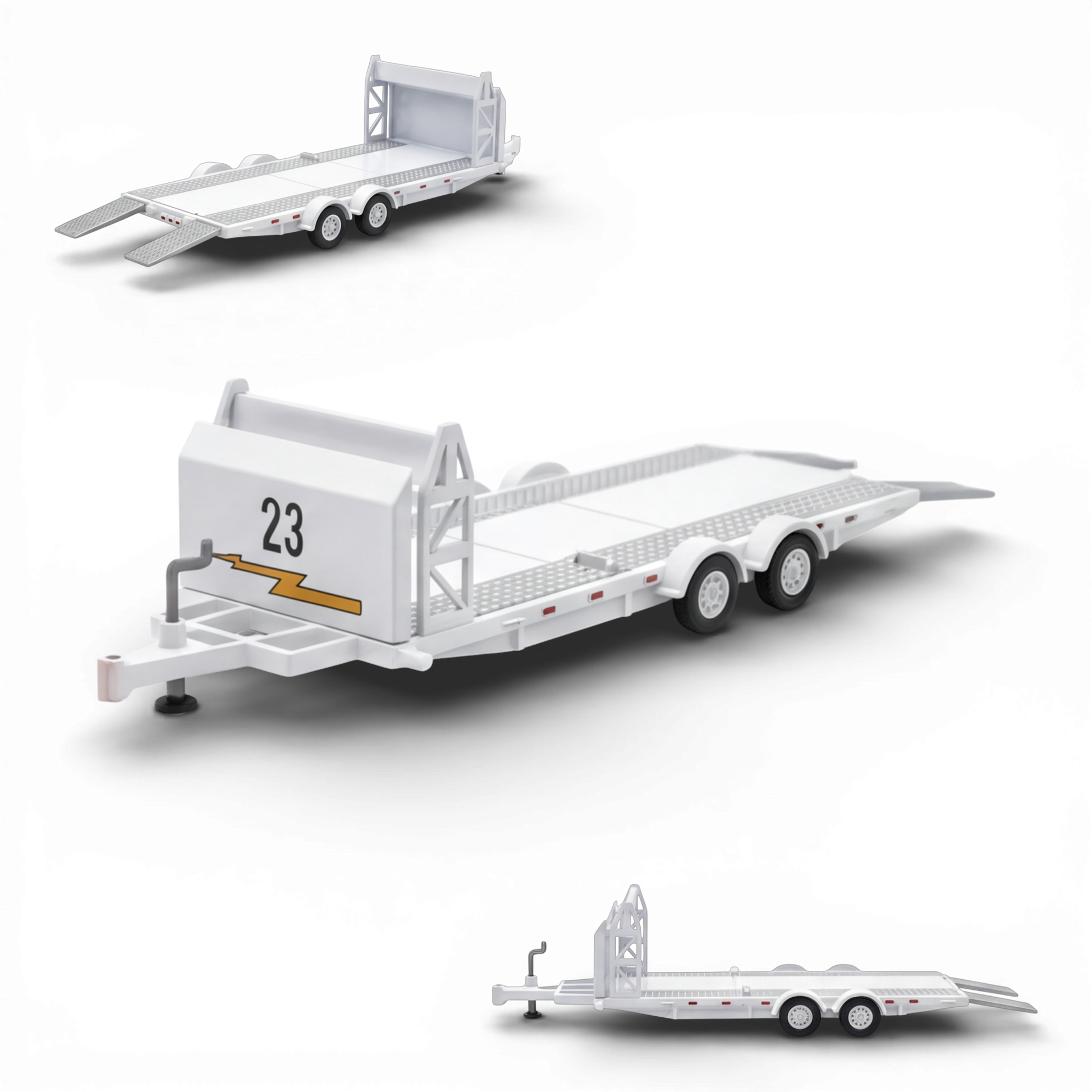 Lot57Supplies Diecast Shop white 1:64 scale diecast car towing trailer with number 23 and lightning bolt detail.