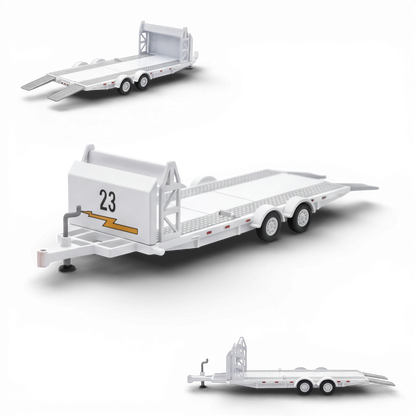 Lot57Supplies Diecast Shop white 1:64 scale diecast car towing trailer with number 23 and lightning bolt detail.