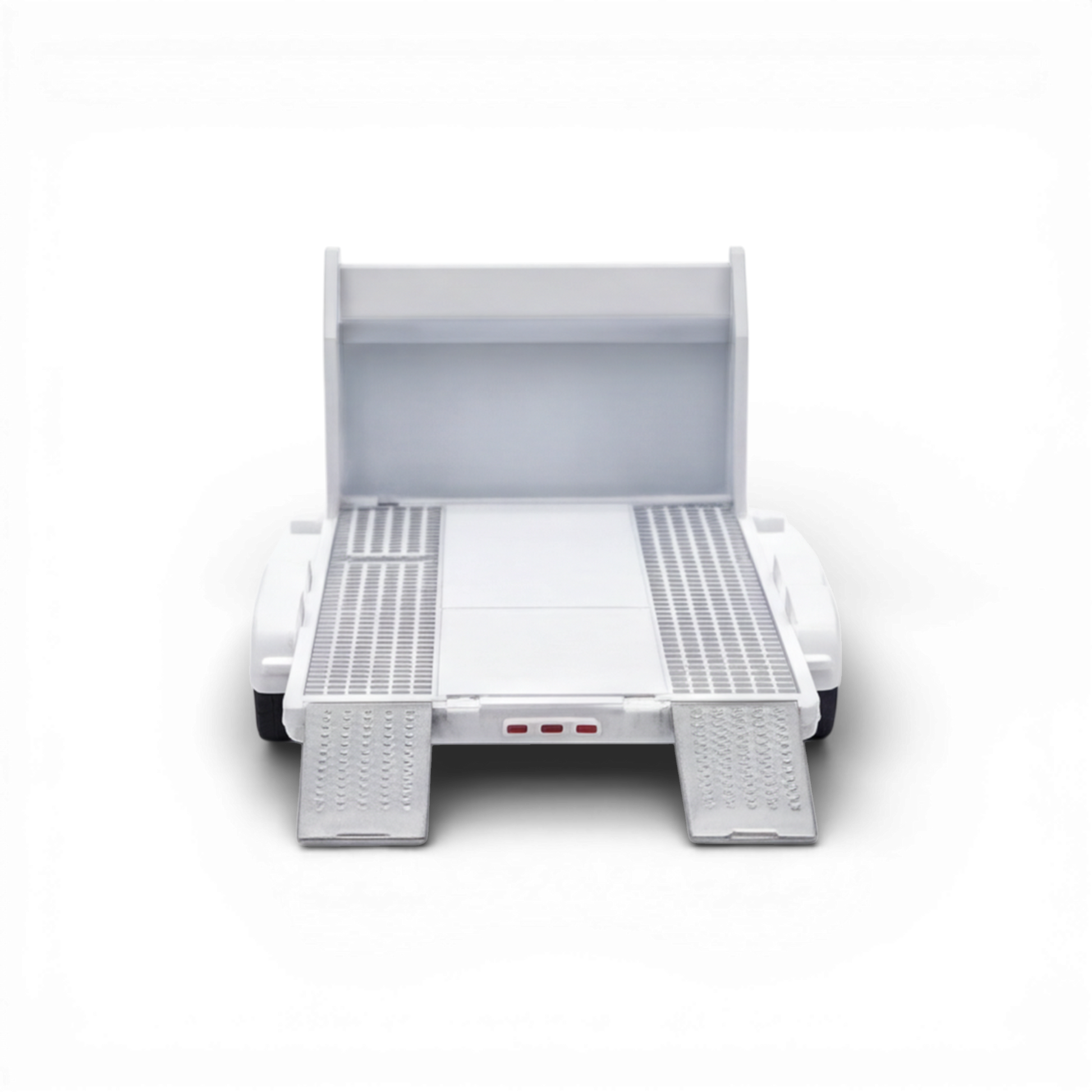 Lot57Supplies Diecast Shop Aurora Model 1:64 scale white car towing trailer with silver ramps and grey textured deck.