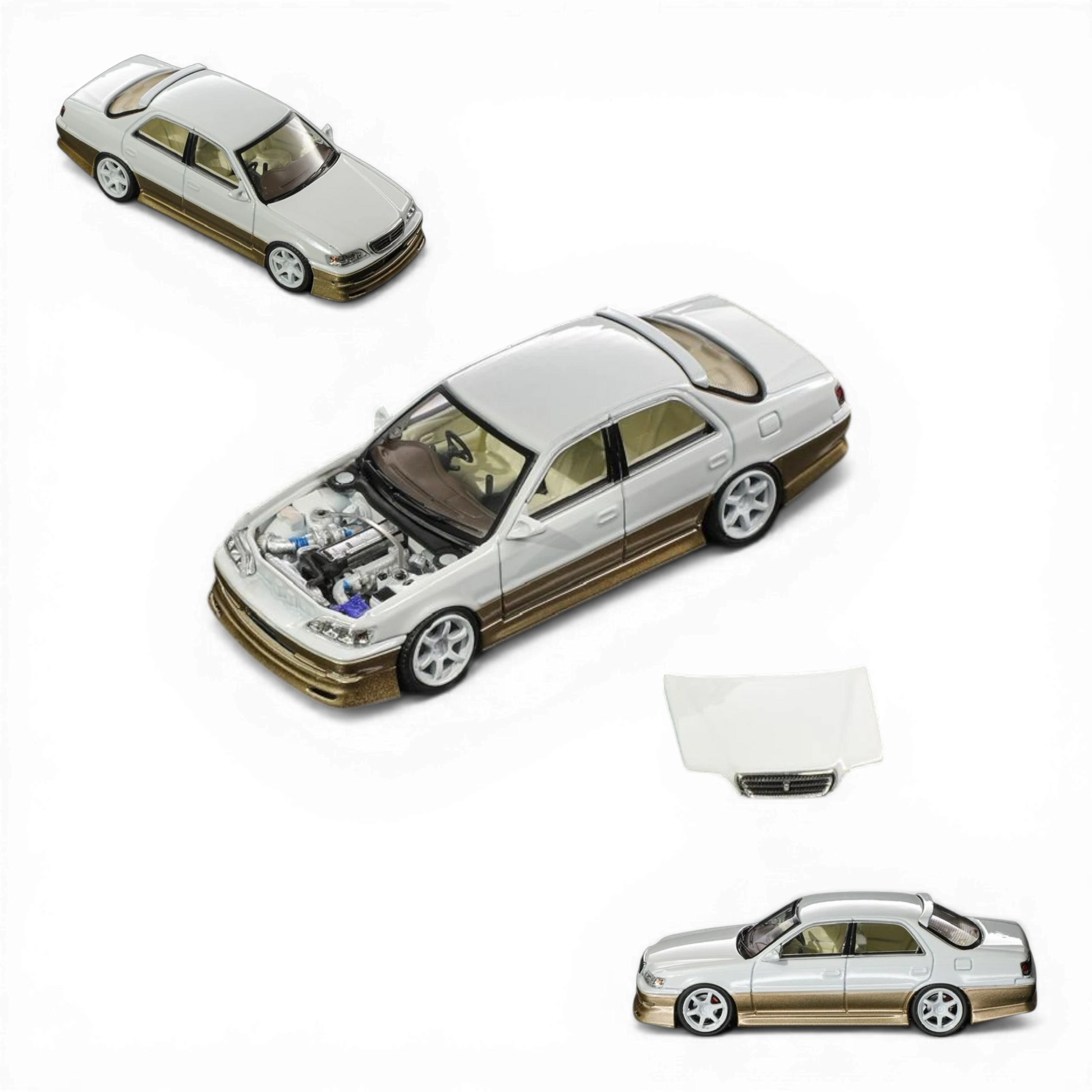 Lot57Supplies Diecast Shop 1:64 scale Pearl White and Gold diecast Cresta model car with detailed engine and metallic paint.
