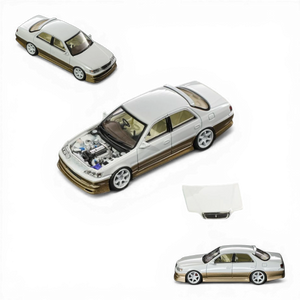 Lot57Supplies Diecast Shop 1:64 scale Pearl White and Gold diecast Cresta model car with detailed engine and metallic paint.