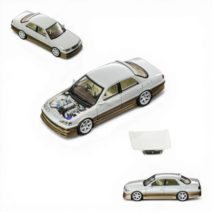 Lot57Supplies Diecast Shop 1:64 scale Pearl White and Gold diecast Cresta model car with detailed engine and metallic paint.