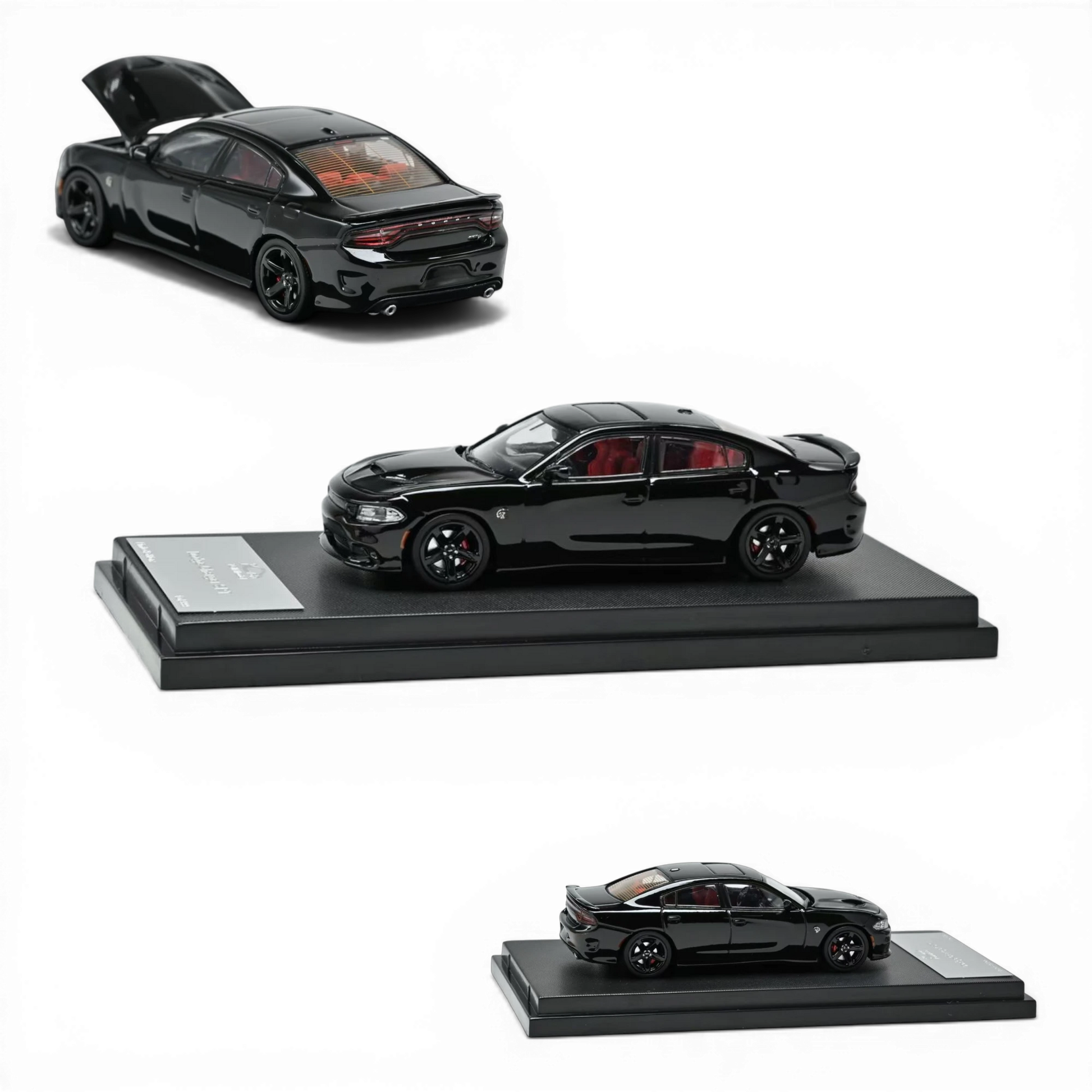 Lot57Supplies Diecast Shop 1:64 scale Pitch Black 2023 Dodge Charger SRT Hellcat model with red interior.