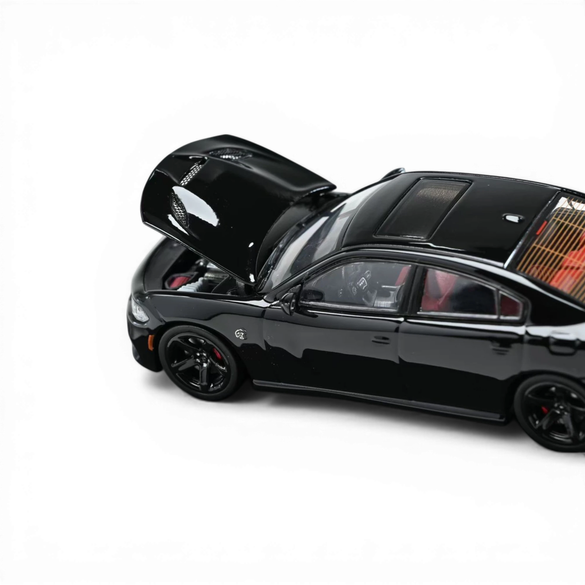 Lot57Supplies Diecast Shop 1:64 scale pitch black 2023 Dodge Charger SRT Hellcat model with red interior and opening hood.