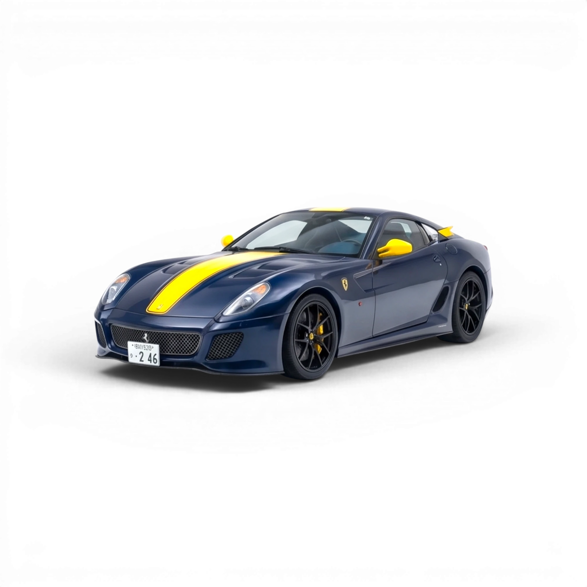 Lot57Supplies Diecast Shop: 1:64 scale dark blue diecast model of a Ferrari 599 GTO with yellow stripe and accents.