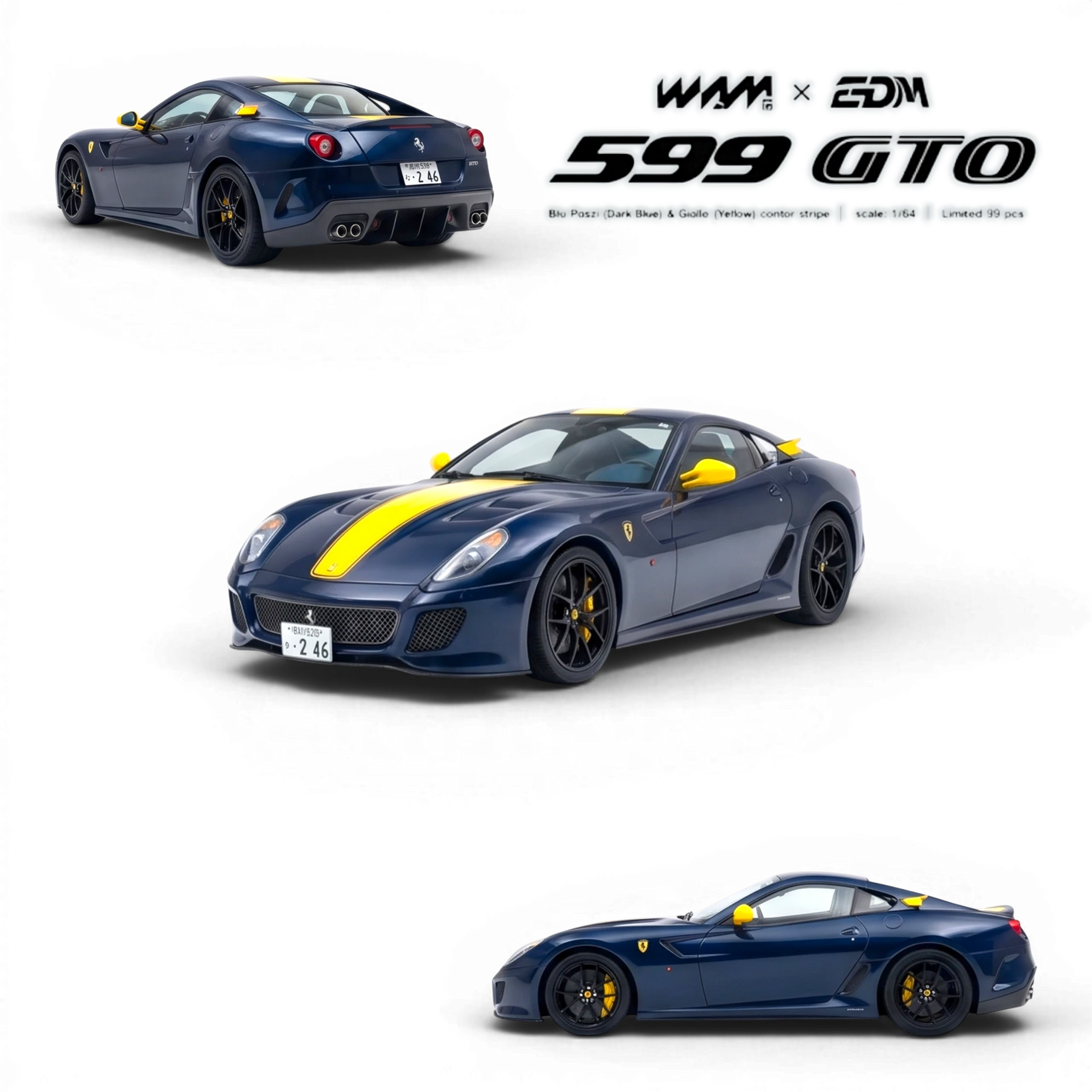 Lot57Supplies Diecast Shop 1:64 scale dark blue diecast Ferrari 599 GTO model with yellow stripe and accents.