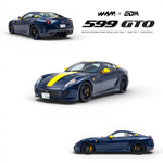 Lot57Supplies Diecast Shop 1:64 scale dark blue diecast Ferrari 599 GTO model with yellow stripe and accents.