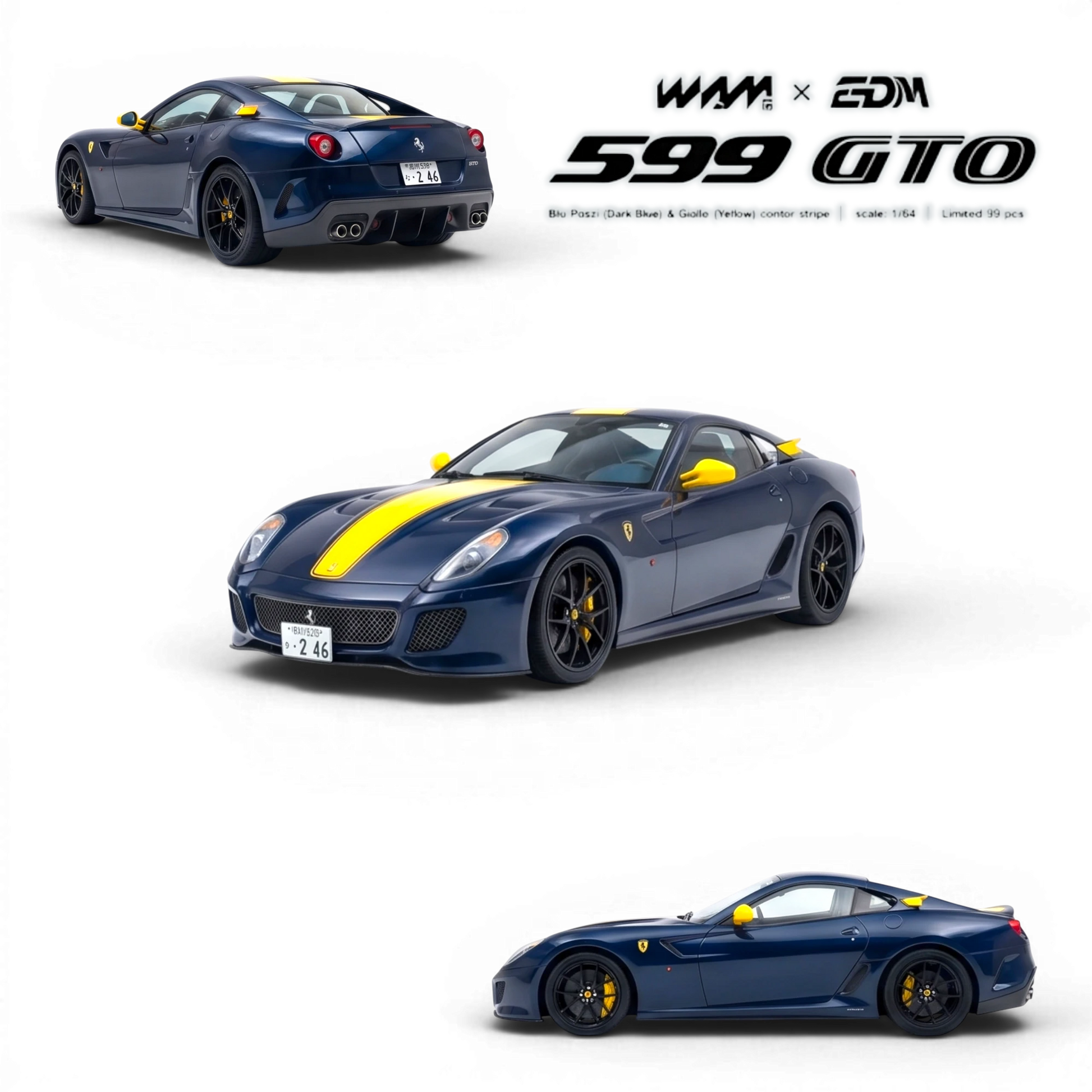 Lot57Supplies Diecast Shop 1:64 scale dark blue diecast Ferrari 599 GTO model with yellow stripe and accents.