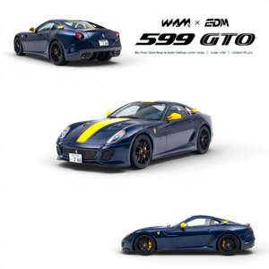 Lot57Supplies Diecast Shop 1:64 scale dark blue diecast Ferrari 599 GTO model with yellow stripe and accents.