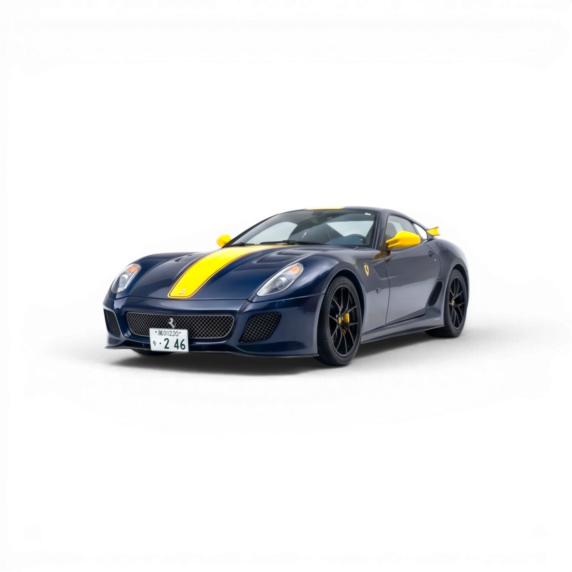 Lot57Supplies Diecast Shop 1:64 scale dark blue diecast Ferrari 599 GTO with yellow stripe and yellow mirrors.