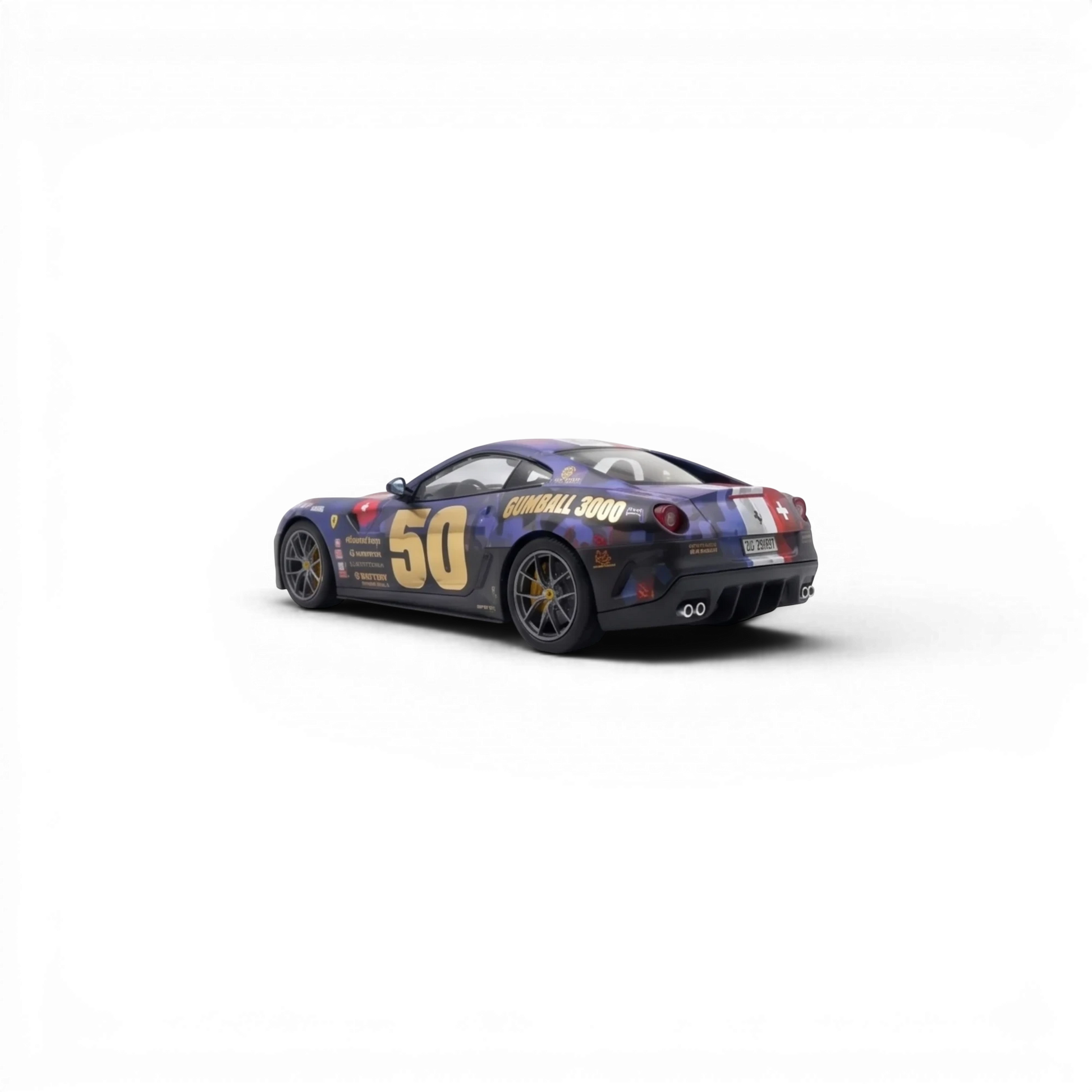 Lot57Supplies Diecast Shop: 1:64 scale resin model of a Ferrari 599 GTO in Gumball 3000 livery with matte finish and gold decals.