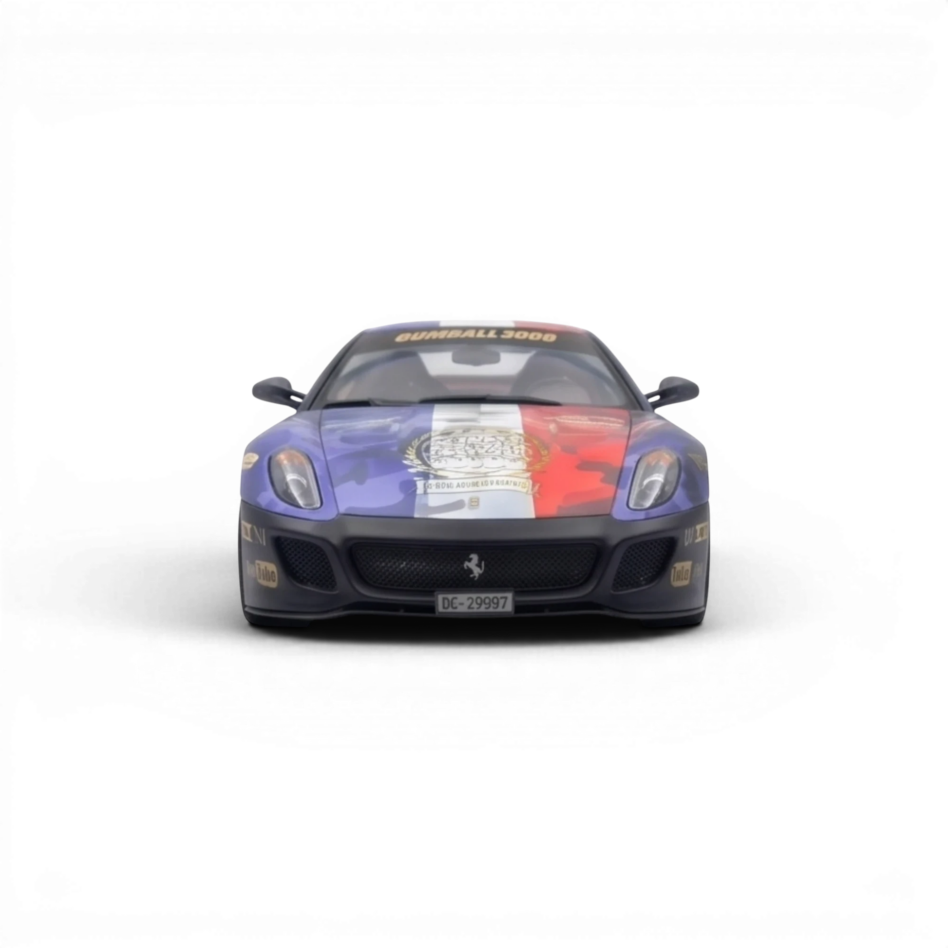 Lot57Supplies Diecast Shop: 1:64 scale resin model of a Ferrari 599 GTO in Gumball 3000 livery with French flag camouflage.