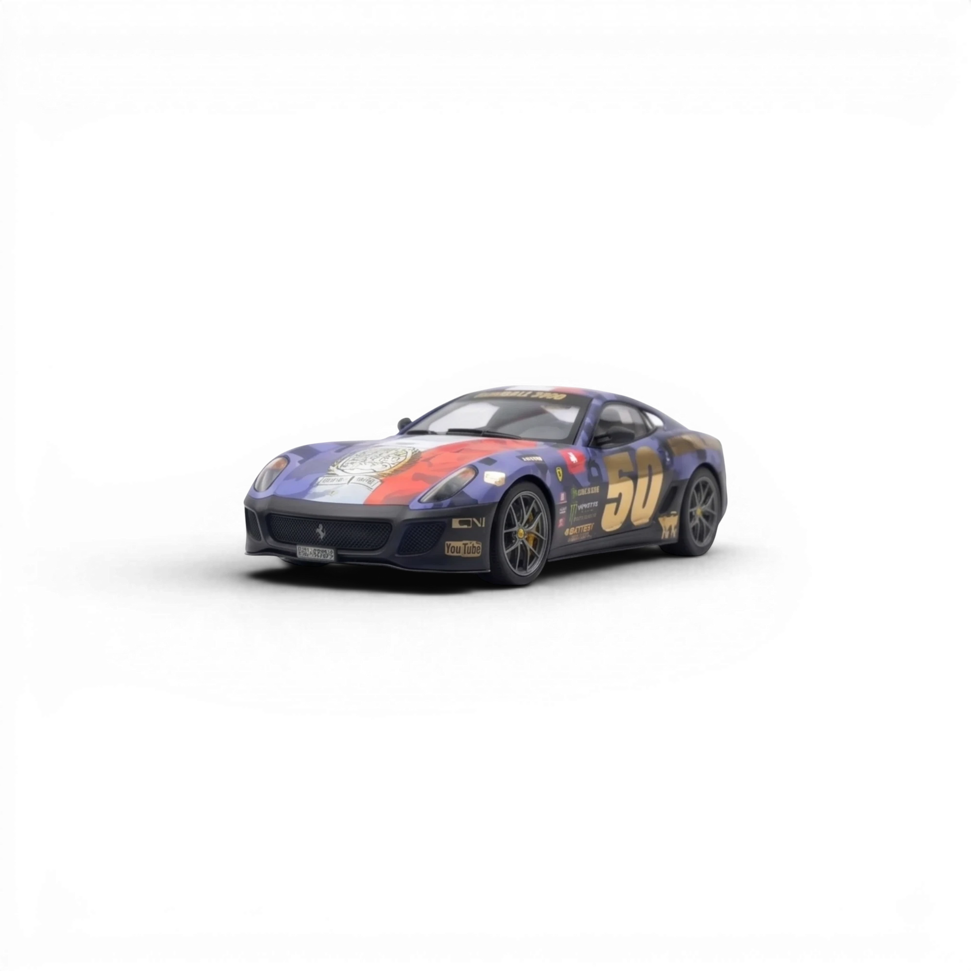 Lot57Supplies Diecast Shop 1:64 scale resin model of a blue, red, and white Ferrari 599 GTO with Gumball 3000 livery and gold '50' graphic.