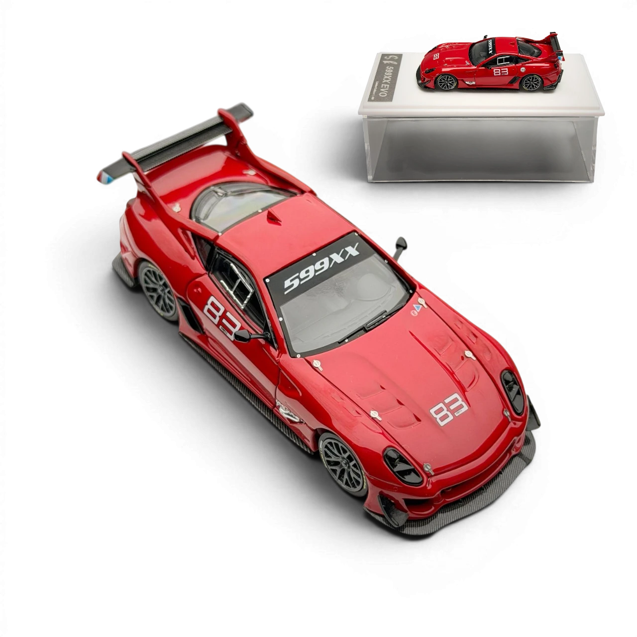 Lot57Supplies Diecast Shop 1:64 scale red Ferrari 599XX EVO model car with black accents and racing number 83.